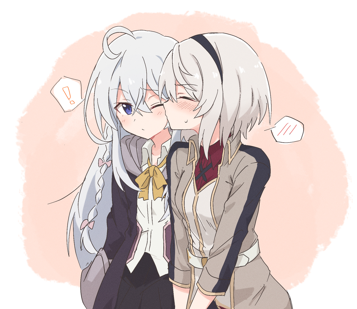 A cute illustration of two silver-haired anime characters sharing a kiss on the cheek